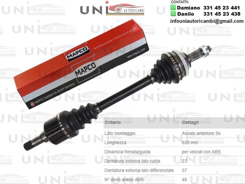 Albero Motore / Semiasse Anteriore SINISTRO/Citroen Evasion da 1994/Citroen Jumpy da 1995/Citroen Jumpy Furgonato​ da 1995/Citroen Jumpy Pianale Piatto/Telaio​ da 1999/Fiat Scudo Combinato​ da 1996/