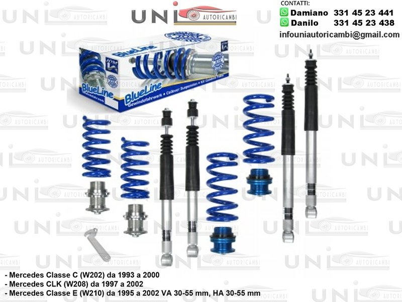 Assetto a Ghiera Regolabile Mercedes Classe C (W202) Tutto Incluso T-Model da 1993 a 2000, CLK (W208) Tutto Incluso Cabrio, da 1997 a 2002 Classe E (W210) Tutto Incluso T-Model da 1995 a 2002