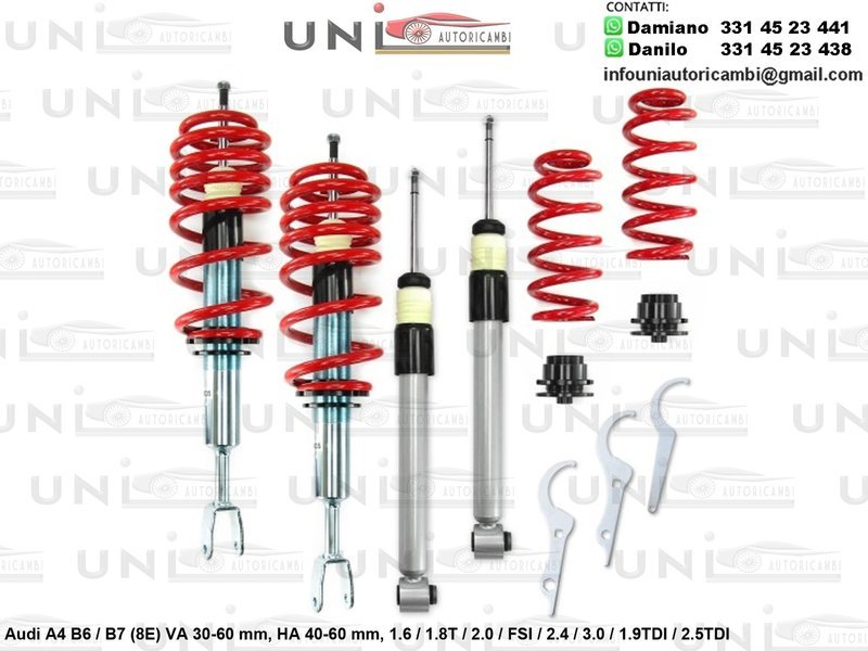 Assetto a Ghiera Regolabile Audi A4 B6 / B7 (8E) 1.6 / 1.8T / 2.0 / FSI / 2.4 / 3.0 / 1.9TDI / 2.5TDI Escluso Modelli con Ammortizzatori Autolivellanti / Quattro / Sport
