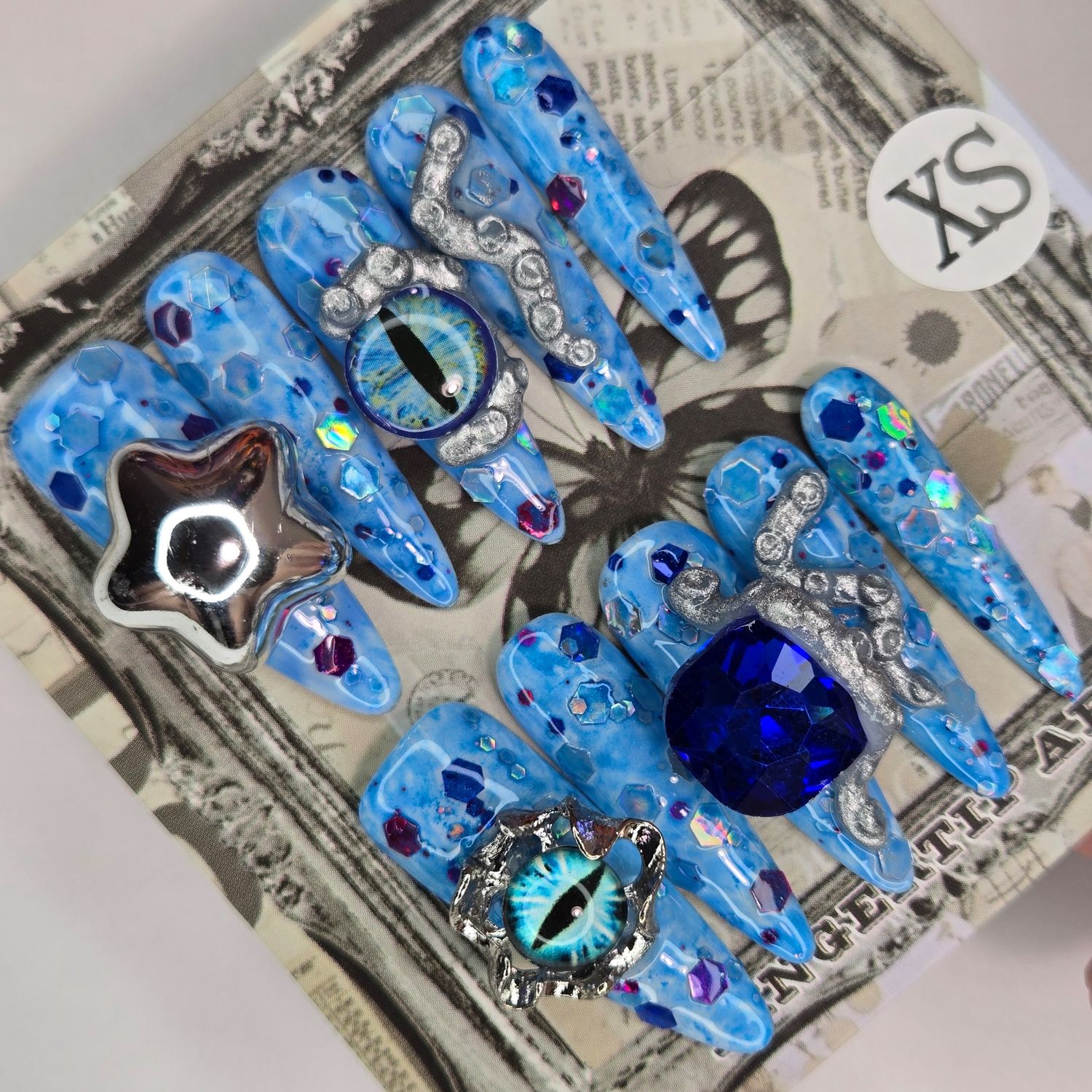 Oceanic Mystique Handmade Press-On Nails with 3D Charms - XS
