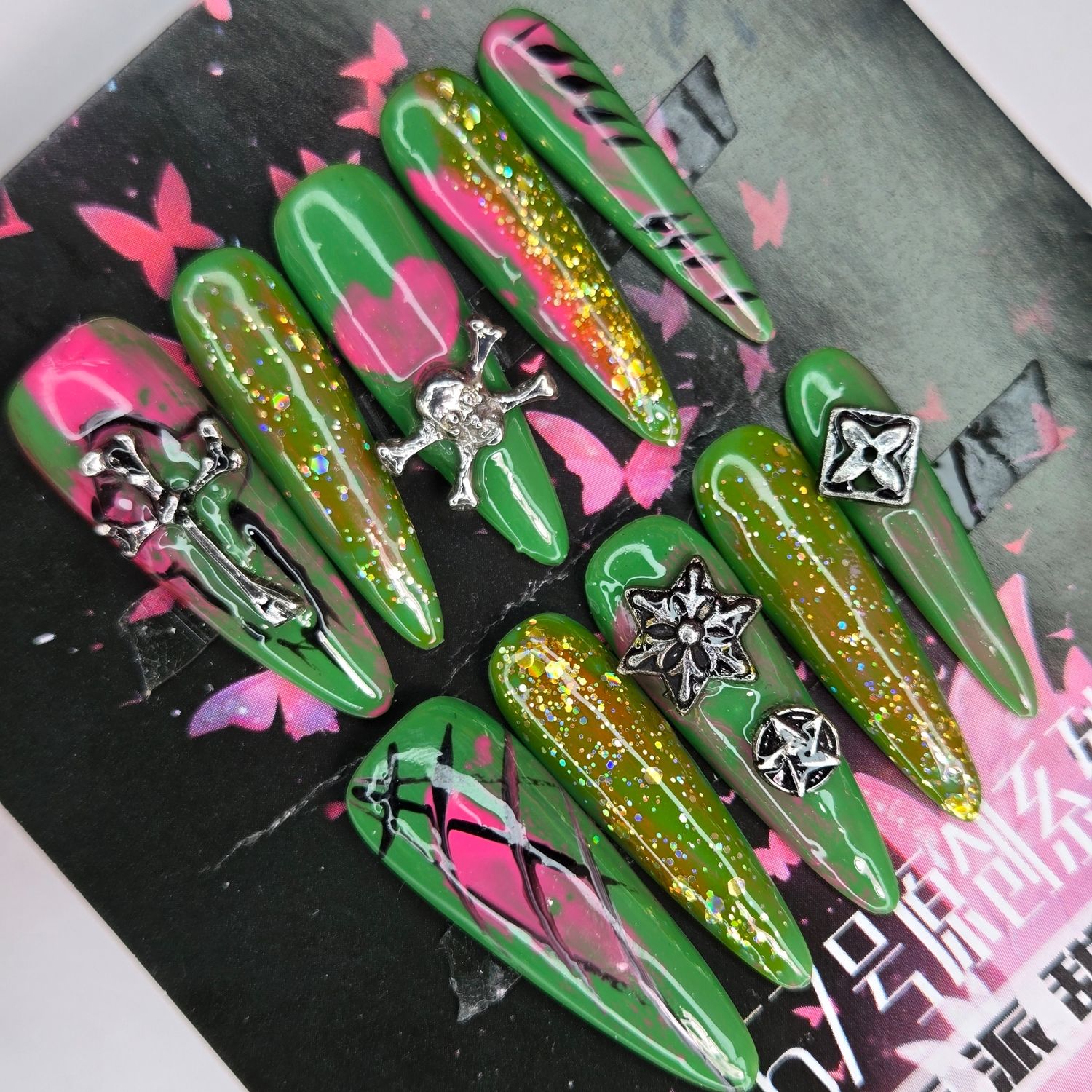 Punk-Inspired Neon Green Press-On Nails with Metallic Charms - XS