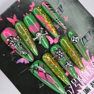 Punk-Inspired Neon Green Press-On Nails with Metallic Charms - XS