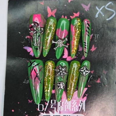 Punk-Inspired Neon Green Press-On Nails with Metallic Charms - XS