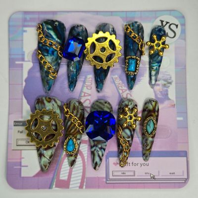 Steampunk Elegance Press-On Nails with Gold Gears and Chains - XS