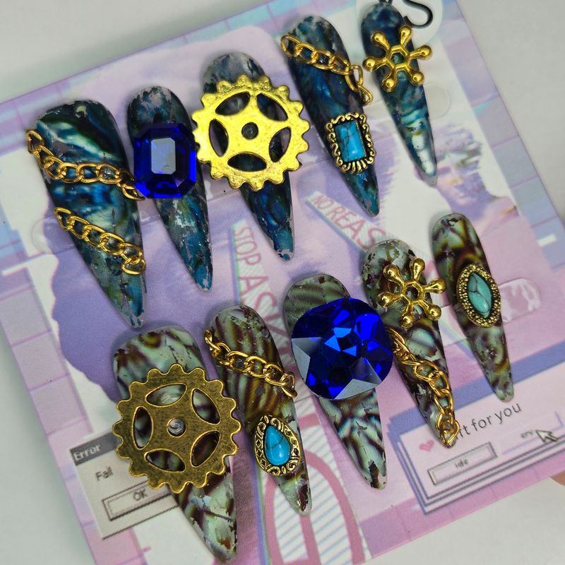 Steampunk Elegance Press-On Nails with Gold Gears and Chains - XS