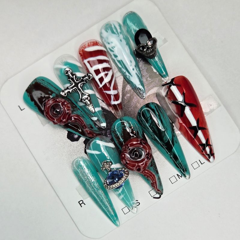 Teal and Red Octopus Eyeball Horror Handmade Press-On Nails - S