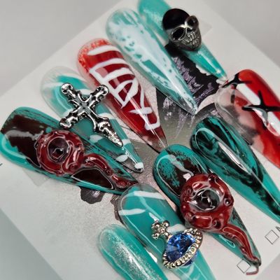 Teal and Red Octopus Eyeball Horror Handmade Press-On Nails - S