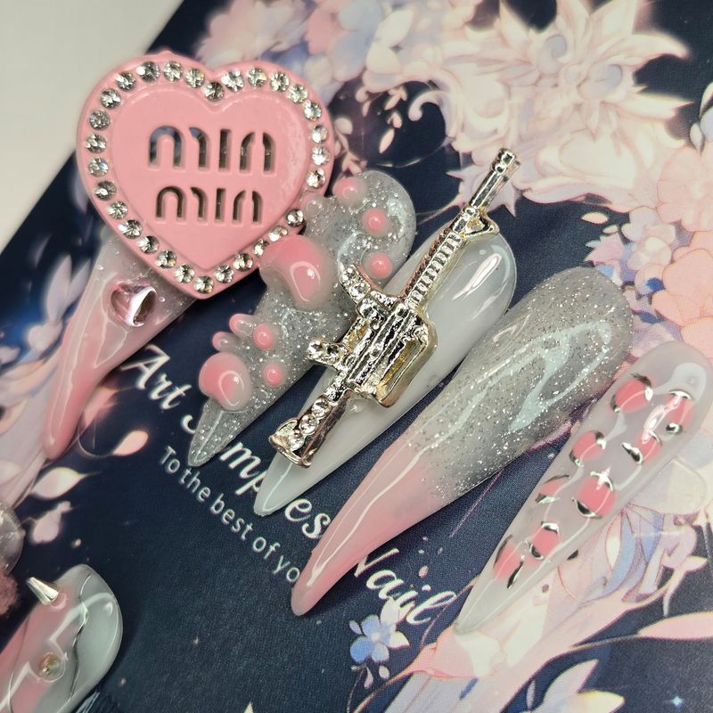 Dragon Claw-Inspired Press-On Nails with Spikes &amp; 3D Charms - S