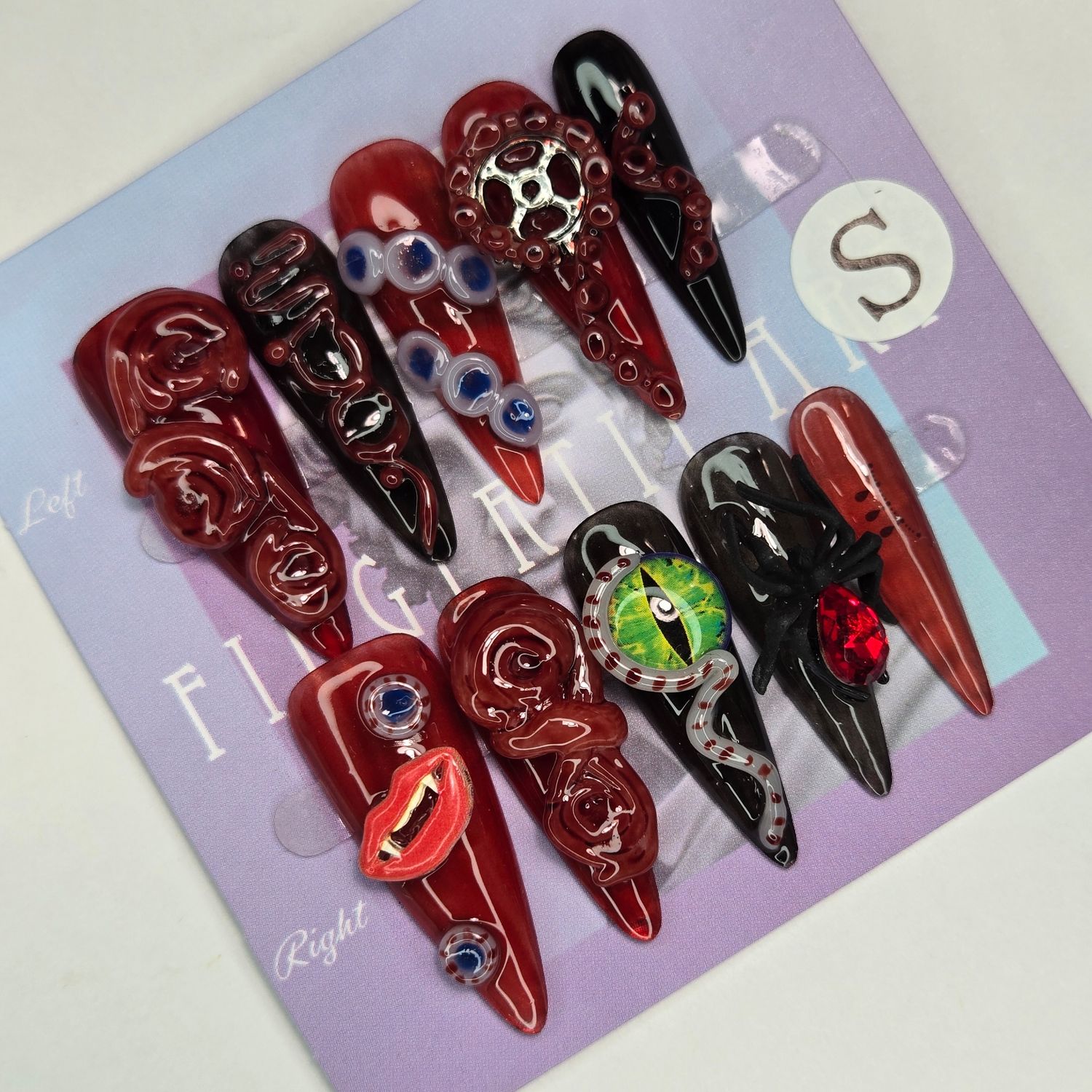 Horror-Inspired Press-On Nails w/3D Tentacles, Eyes and Fangs - S