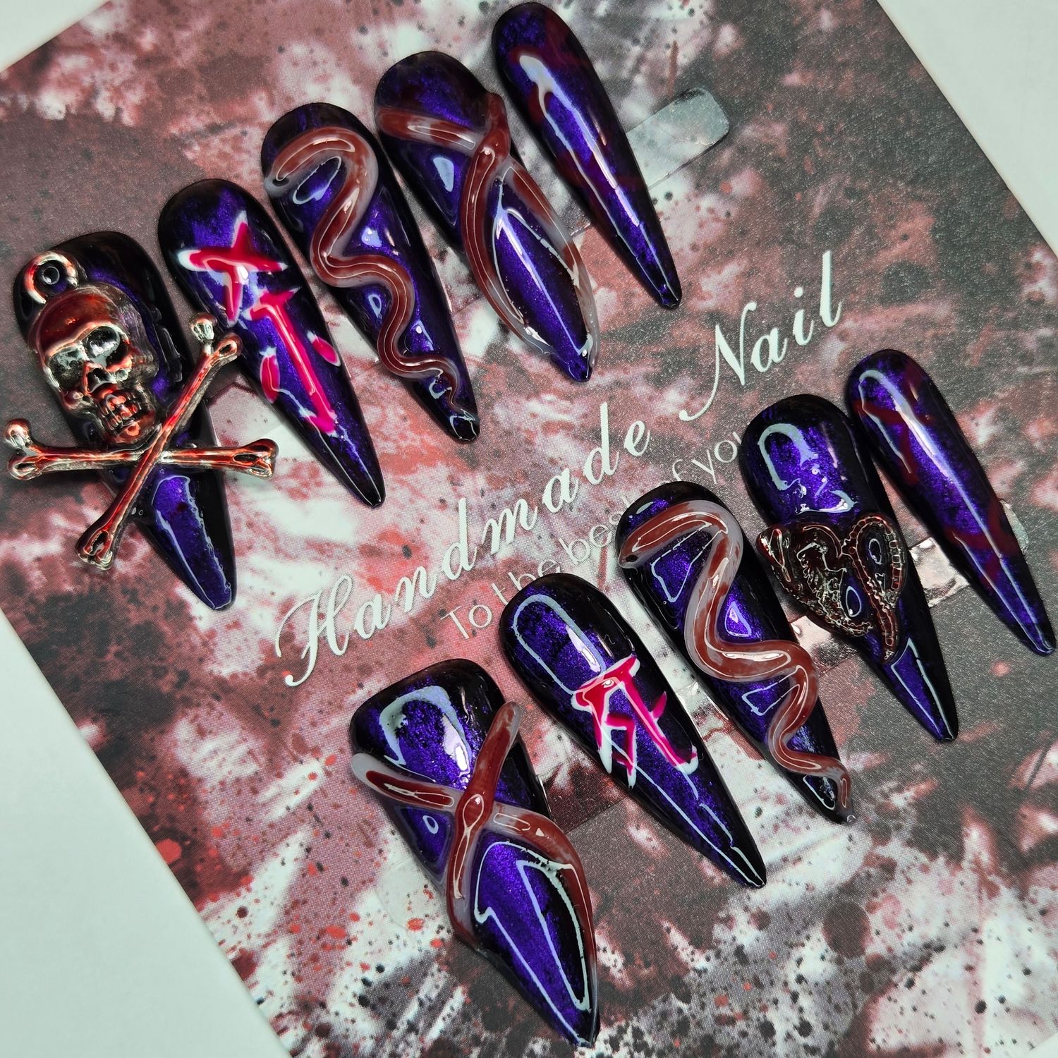 Gothic Snake and Skull Handmade Press-On Nails - S