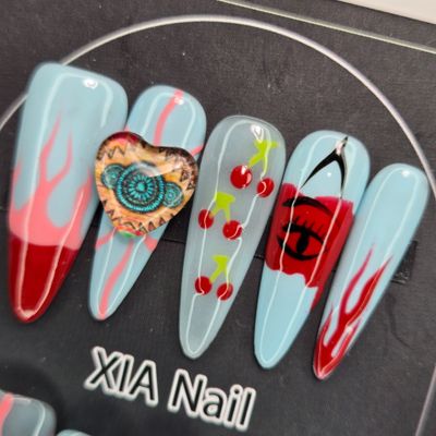 3cm Artistic Flames and Heart Charm Press-On Nails - S