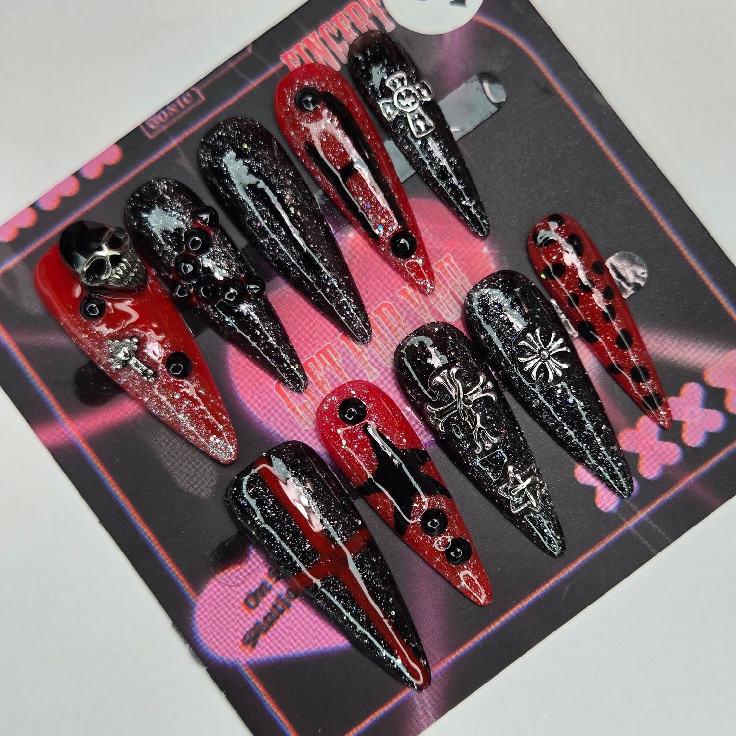 Gothic Red and Black Press-On Nails w/Skull and Cross Charms - S