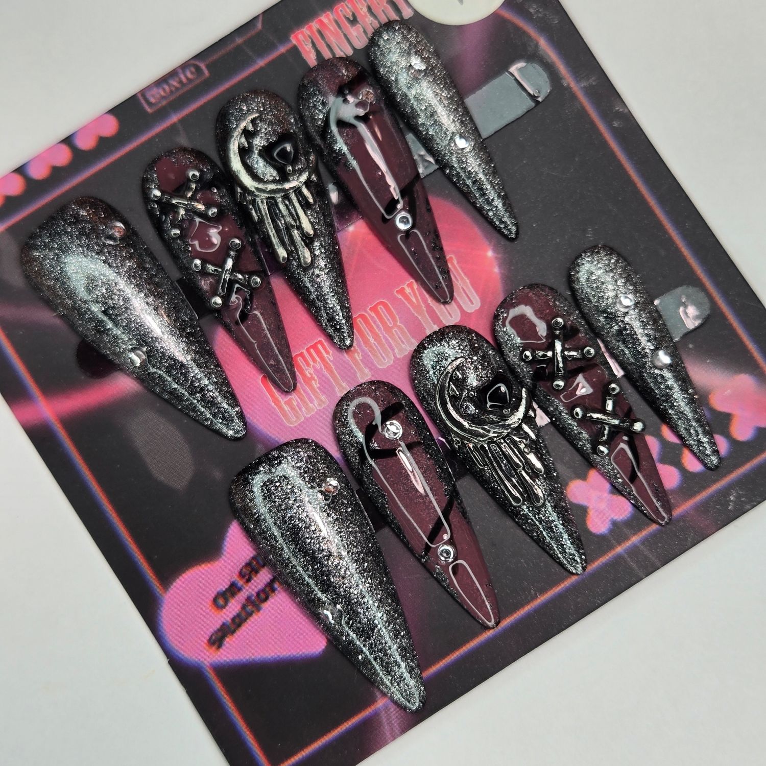 Gothic Moon and Crossbones Press-On Nails w/Glitter Accents - S