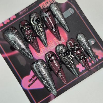 Gothic Moon and Crossbones Press-On Nails w/Glitter Accents - S