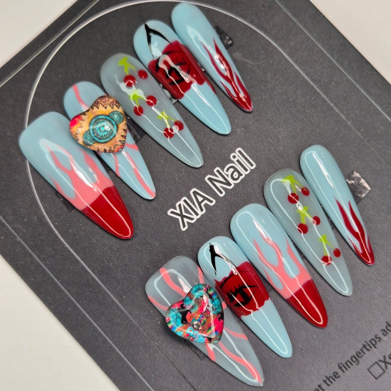 3cm Artistic Flames and Heart Charm Press-On Nails - S
