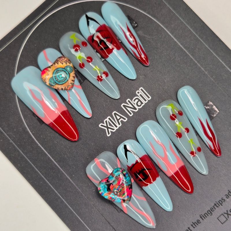 3cm Artistic Flames and Heart Charm Press-On Nails - S