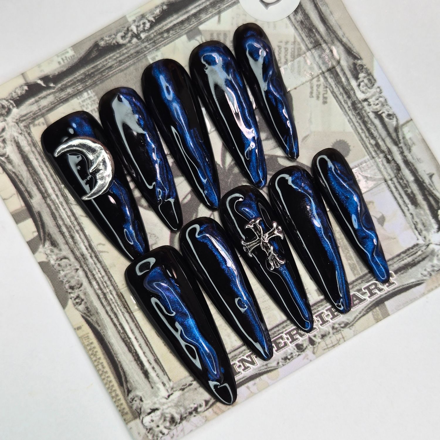 3D Sculpted Galaxy Press-On Nails with Moon &amp; Cross Charms - S