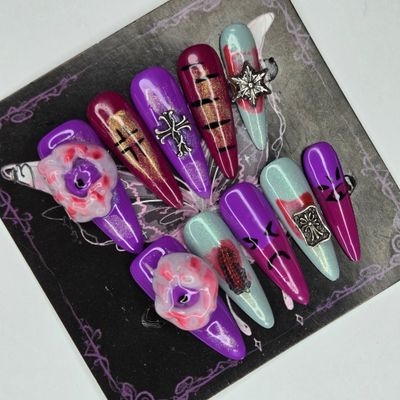 Whimsical Horror Press-On Nails w/Sculpted Eyes&amp;Gothic Charms - M