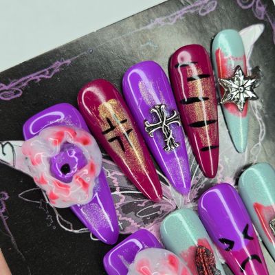 Whimsical Horror Press-On Nails w/Sculpted Eyes&amp;Gothic Charms - M
