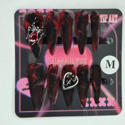 Velvet-Finished Black&amp;Red Marbled Press-On Nails w/Spider&amp;Heart-M