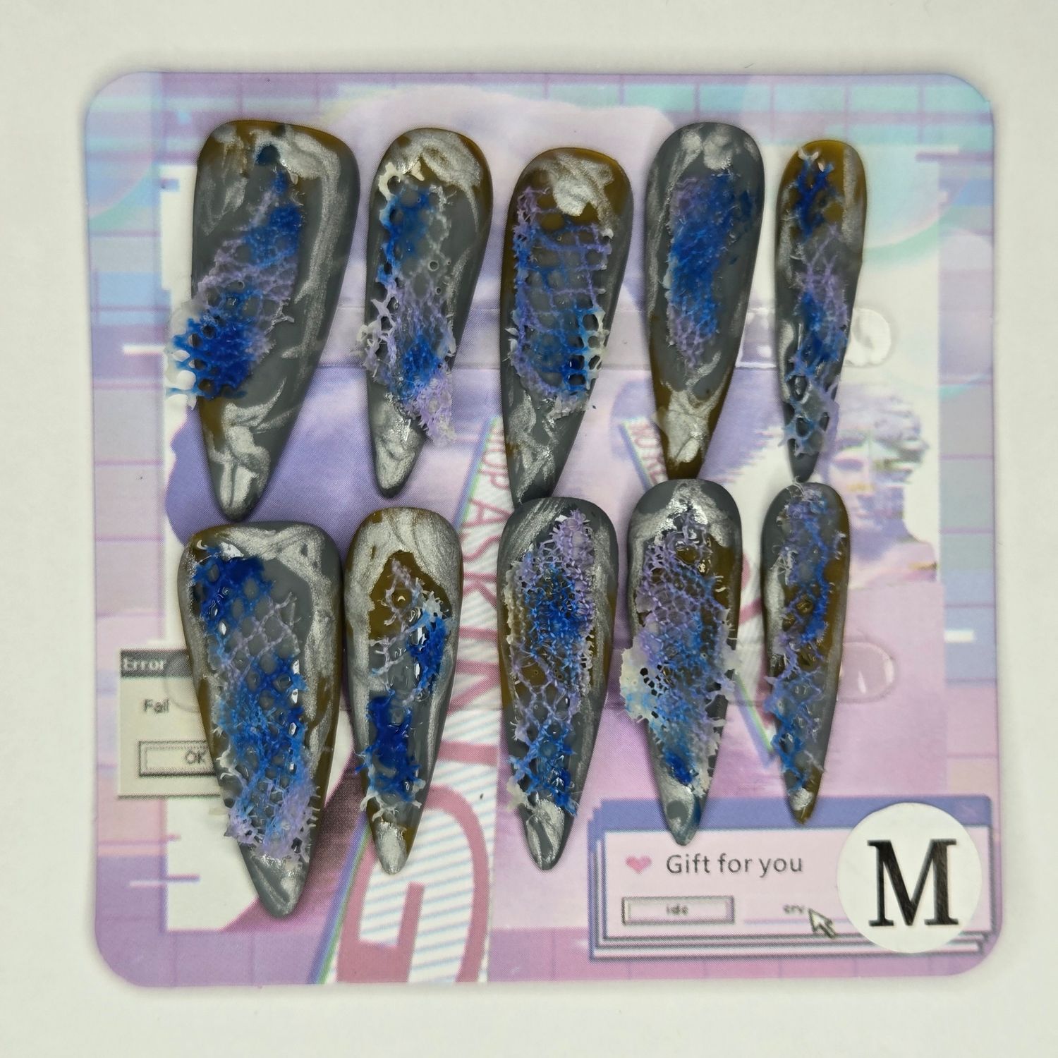 Textured Blue and Gray Press-On Nails with Lace Detailing  - M
