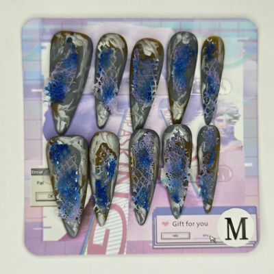 Textured Blue and Gray Press-On Nails with Lace Detailing  - M