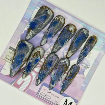 Textured Blue and Gray Press-On Nails with Lace Detailing  - M