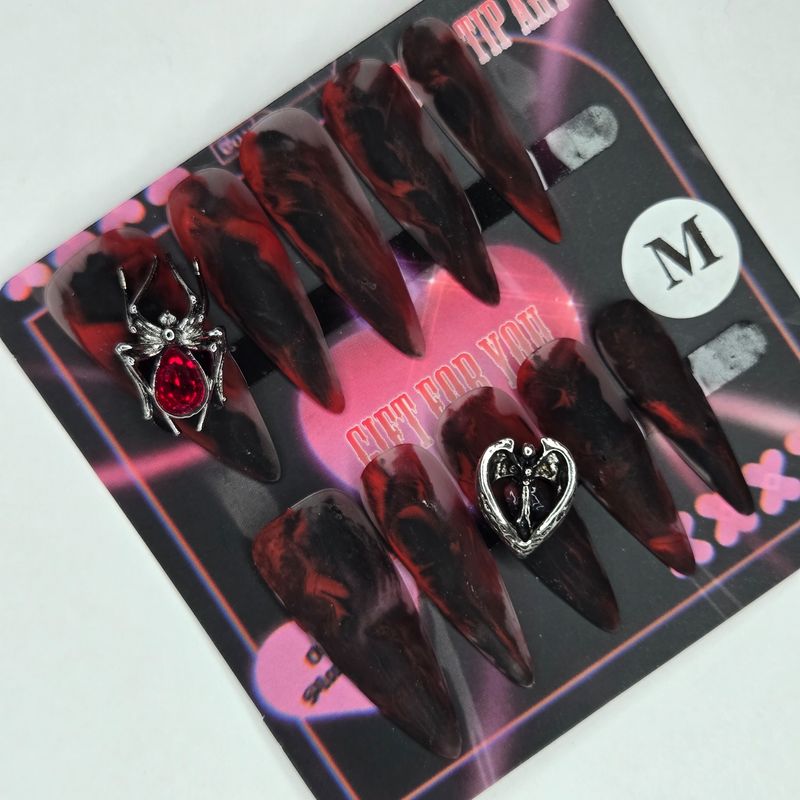 Velvet-Finished Black&amp;Red Marbled Press-On Nails w/Spider&amp;Heart-M