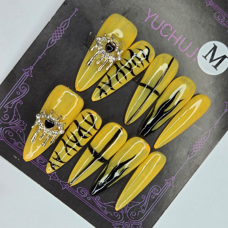 3cm Yellow and Black Press-On Nails with Dripping Eye Charm - M