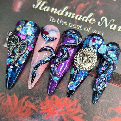 Mystical Handmade Press-On Nails w/3D Snake&amp;Rabbit Charms - S