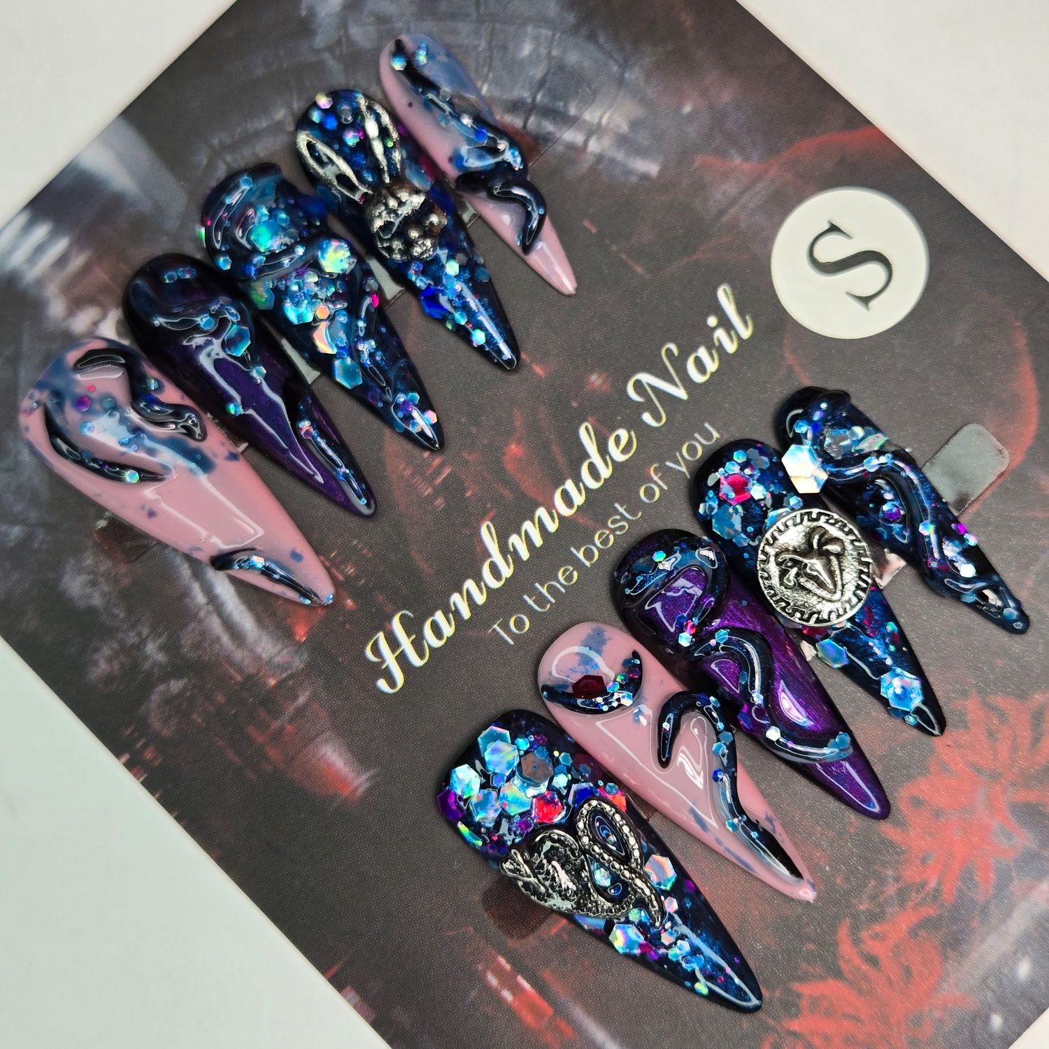 Mystical Handmade Press-On Nails w/3D Snake&amp;Rabbit Charms - S