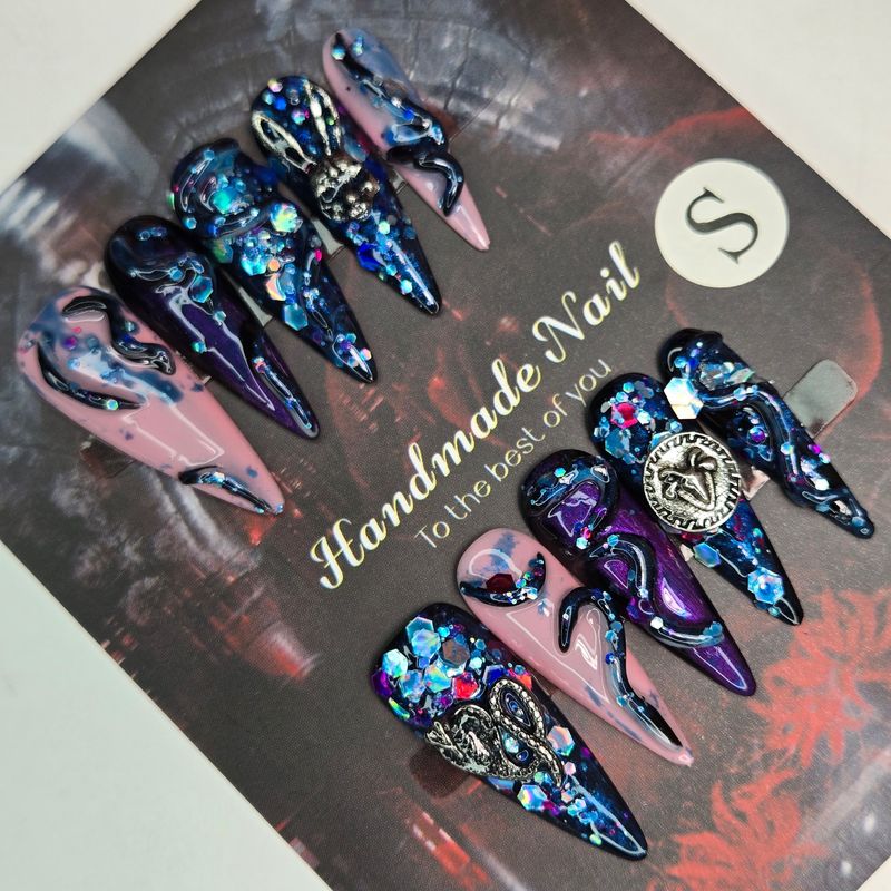 Mystical Handmade Press-On Nails w/3D Snake&amp;Rabbit Charms - S