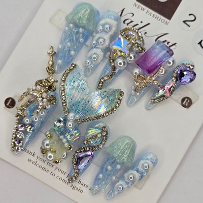 Glow-in-the-Dark Mermaid&amp;Jellyfish Press-On Nails- S