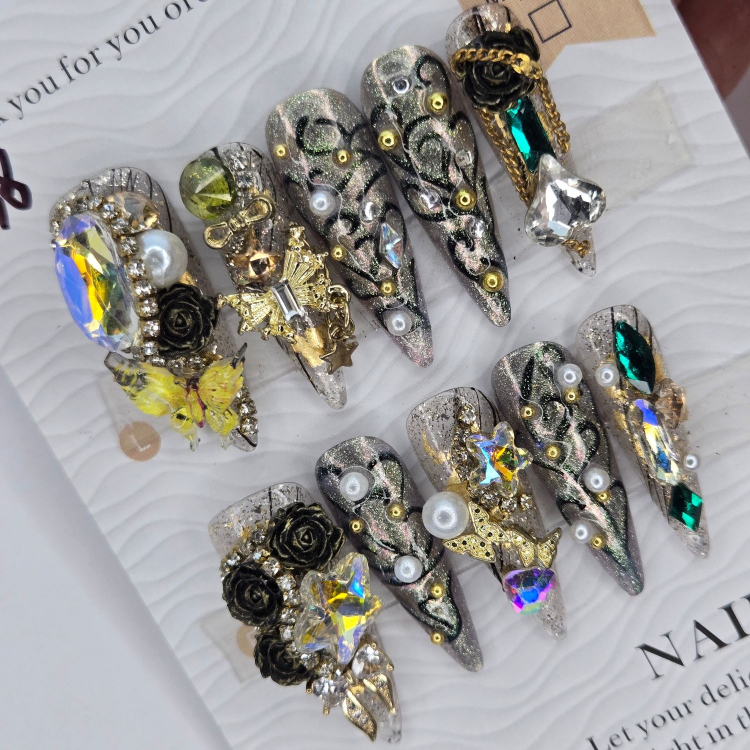 Golden Elegance Handcrafted Luxury Nail Art Sculpted Details - S