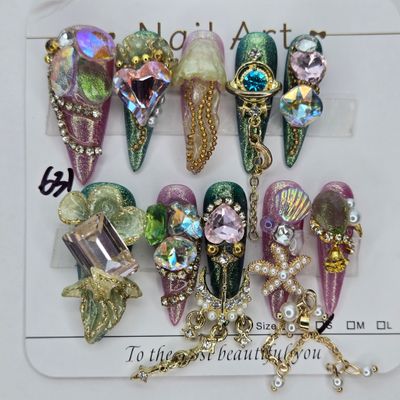 Luxurious Sculpted Mermaid Treasure Handmade Press-On Nails - S