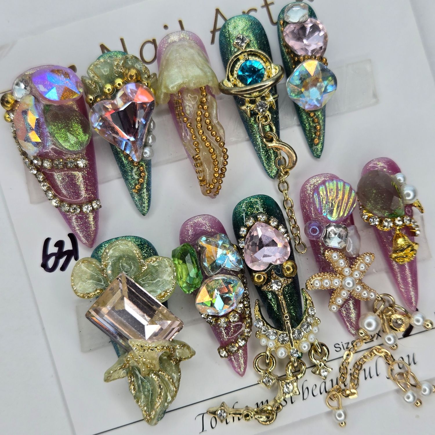 Luxurious Sculpted Mermaid Treasure Handmade Press-On Nails - S
