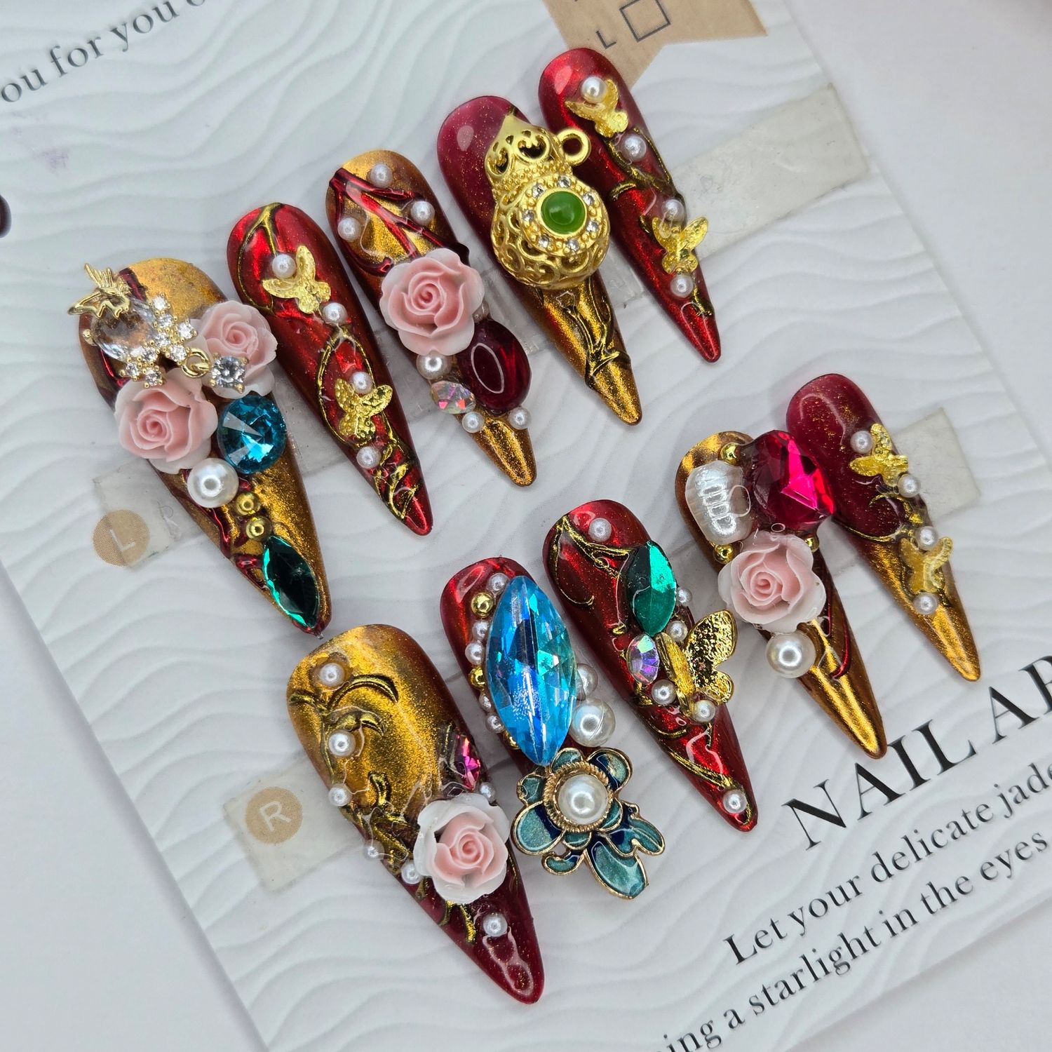 Opulent Red &amp; Gold 3D Sculpted Press-On Nails w/Floral Accents -S