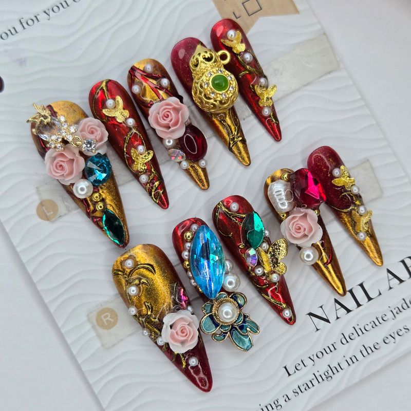 Opulent Red &amp; Gold 3D Sculpted Press-On Nails w/Floral Accents -S