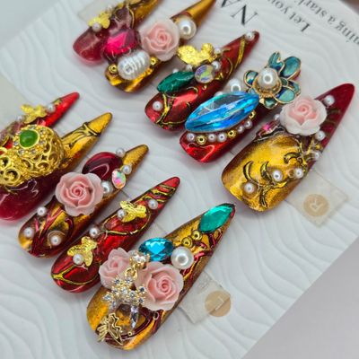 Opulent Red &amp; Gold 3D Sculpted Press-On Nails w/Floral Accents -S