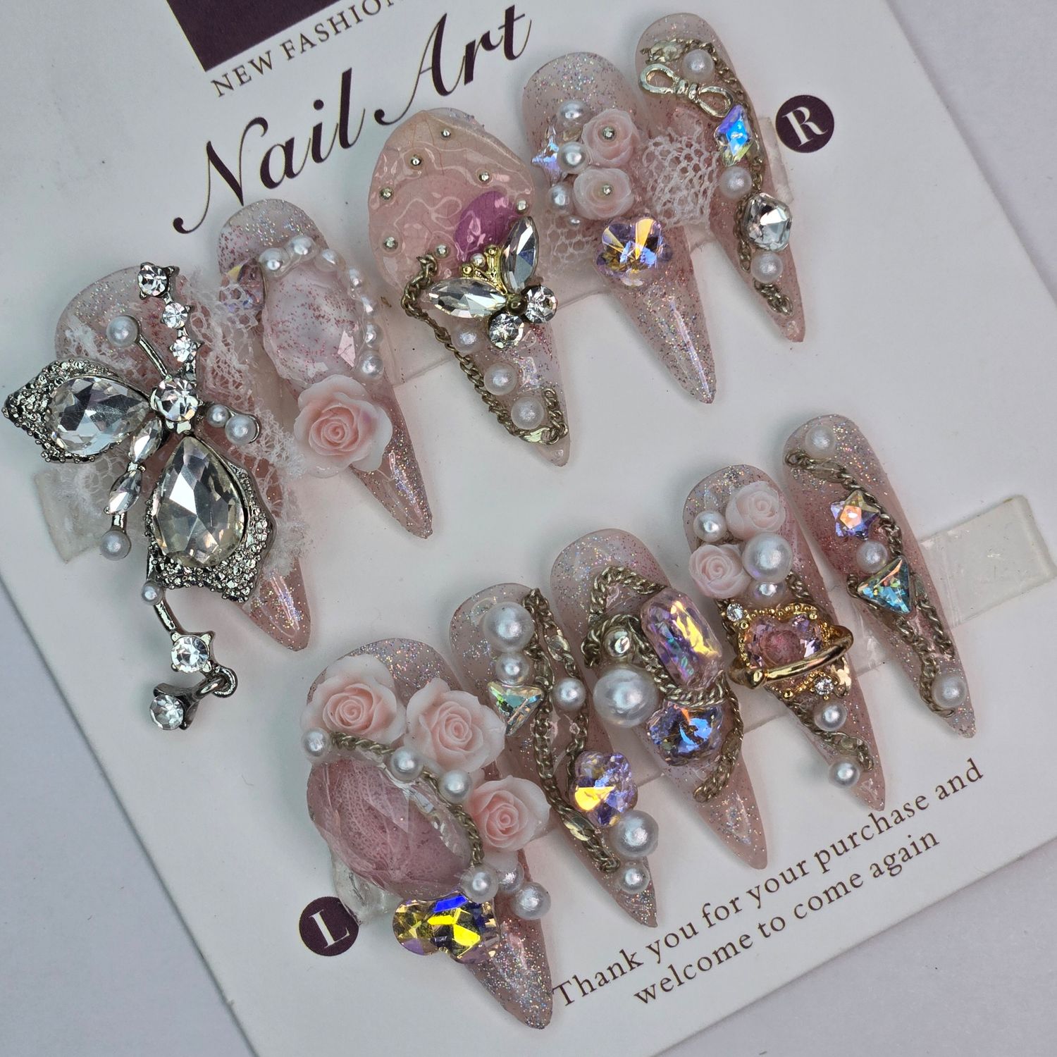 3D Floral Press-On Nails w/Elegant Embellishments- S