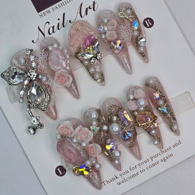 3D Floral Press-On Nails w/Elegant Embellishments- S