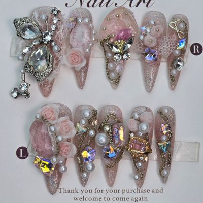 3D Floral Press-On Nails w/Elegant Embellishments- S