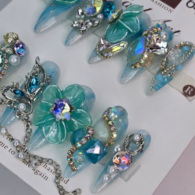 3D Floral Aqua Blue Press-On Nails w/Crystal Accents - S