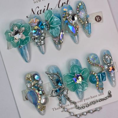3D Floral Aqua Blue Press-On Nails w/Crystal Accents - S