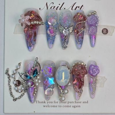 Handcrafted 3D Floral &amp; Jellyfish Press-On Nails w/Crystals - S