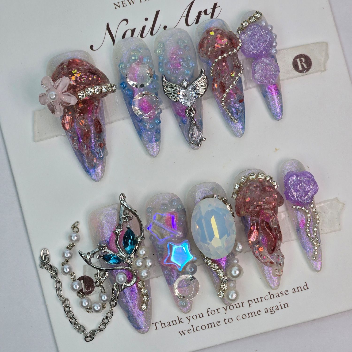 Handcrafted 3D Floral &amp; Jellyfish Press-On Nails w/Crystals - S