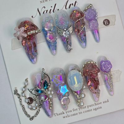Handcrafted 3D Floral &amp; Jellyfish Press-On Nails w/Crystals - S