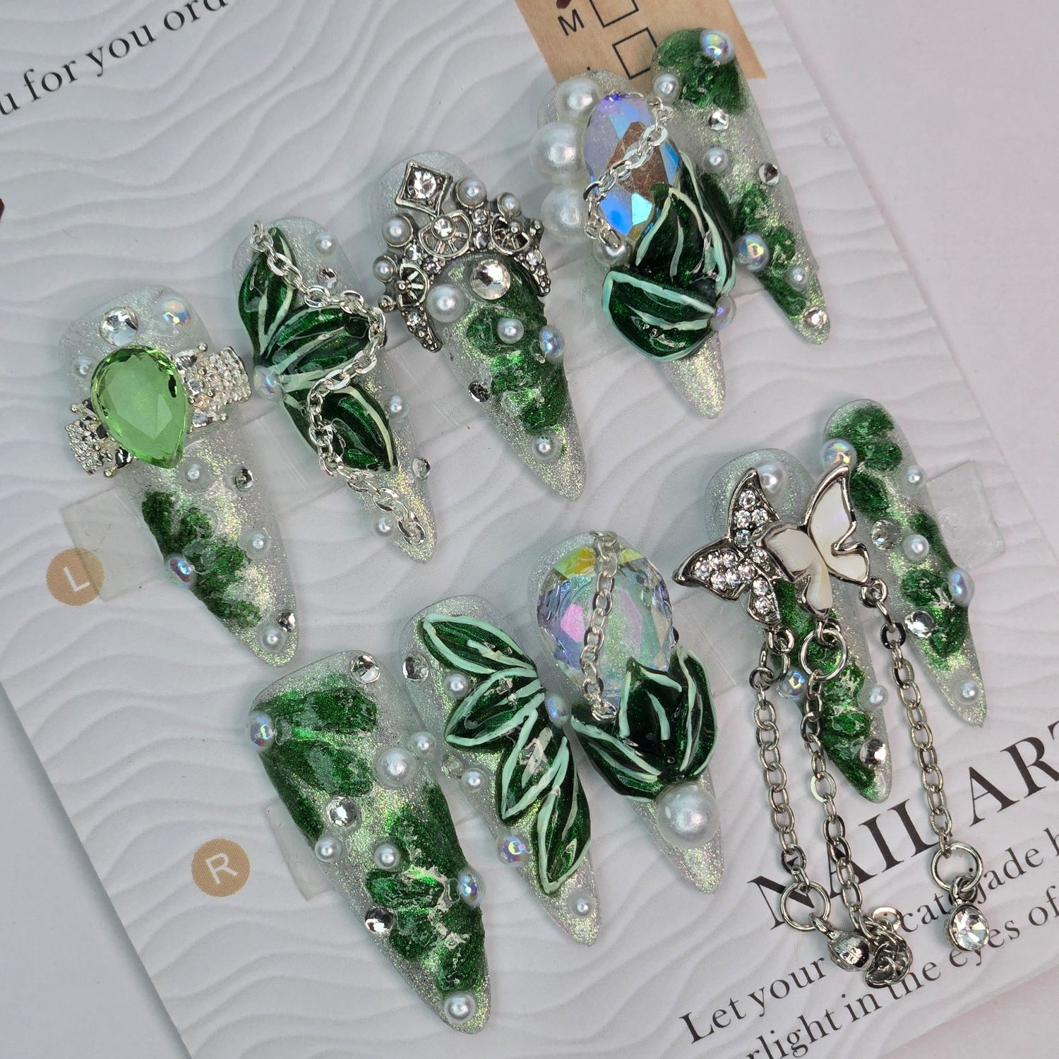 Emerald Bloom Handcrafted 3D Leaf Press-On Nails - S