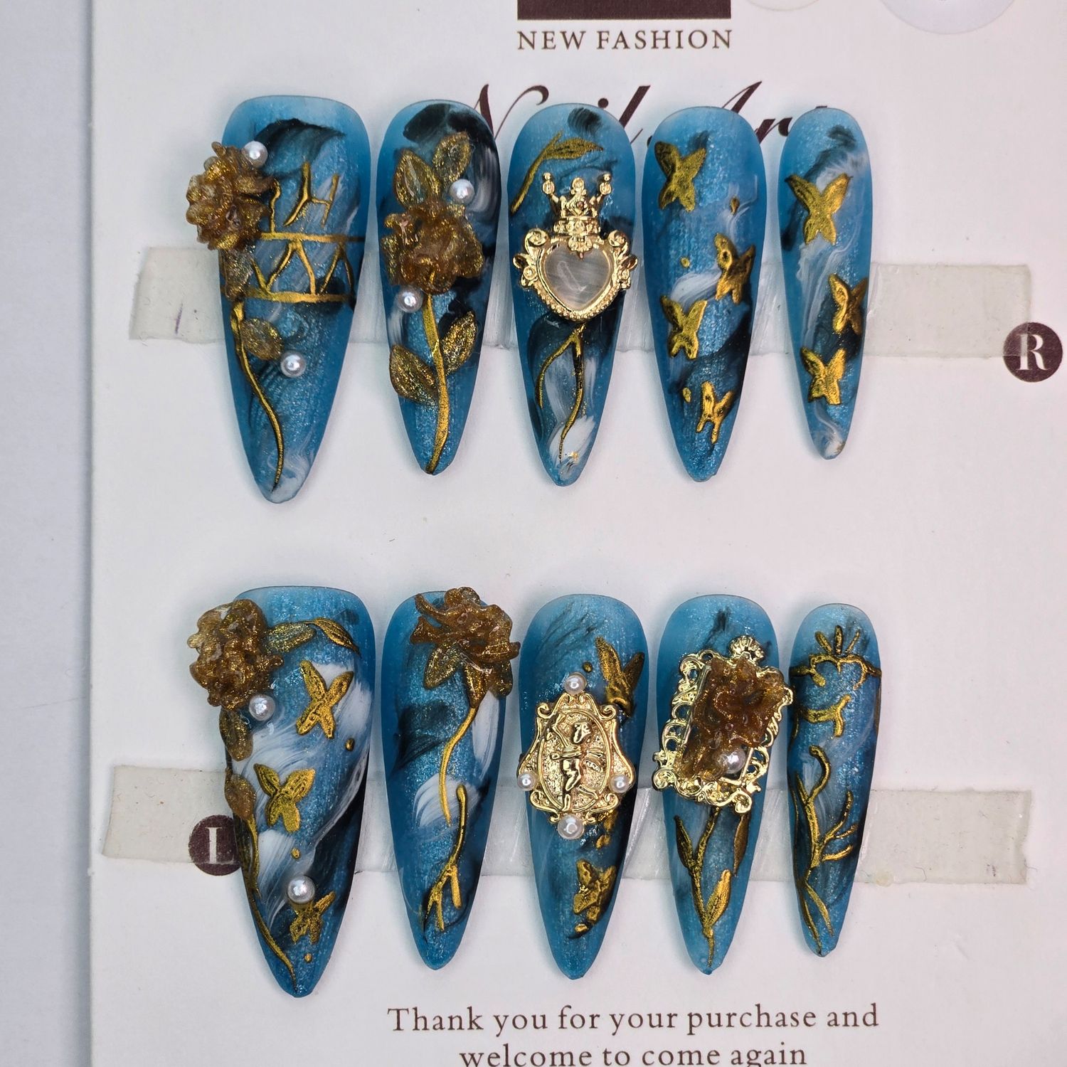 Hand-Painted Matte Royal Garden Press-On Nails - S