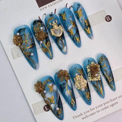 Hand-Painted Matte Royal Garden Press-On Nails - S